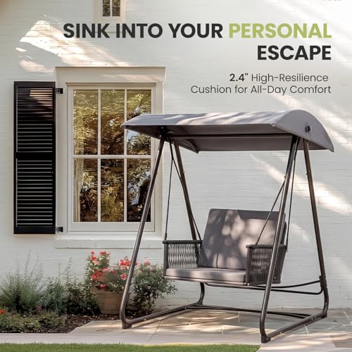 Image of Porch Swing with Stand, Outdoor Swing with Canopy, All Weather Outdoor Swings for Adults, 400lbs Heavy Duty Porch Swings with Removable Cushions, Single Hanging Chair for Small Space, Grey