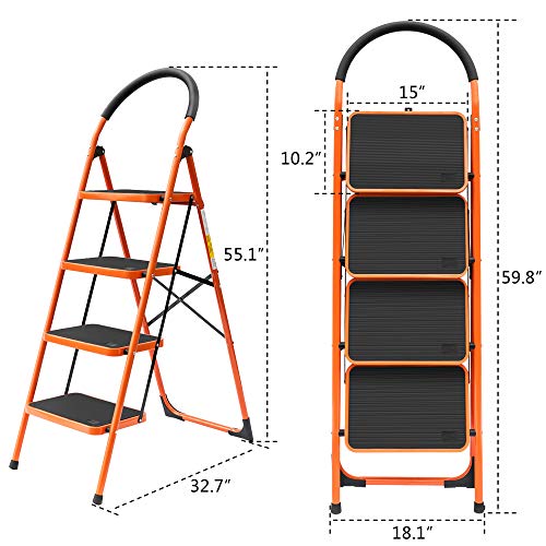LUISLADDERS 4 Step Ladder Folding Step Stool with Handgrip Anti-Slip and Wide Pedal Sturdy Steel Ladder 330lbs Capacity for Household