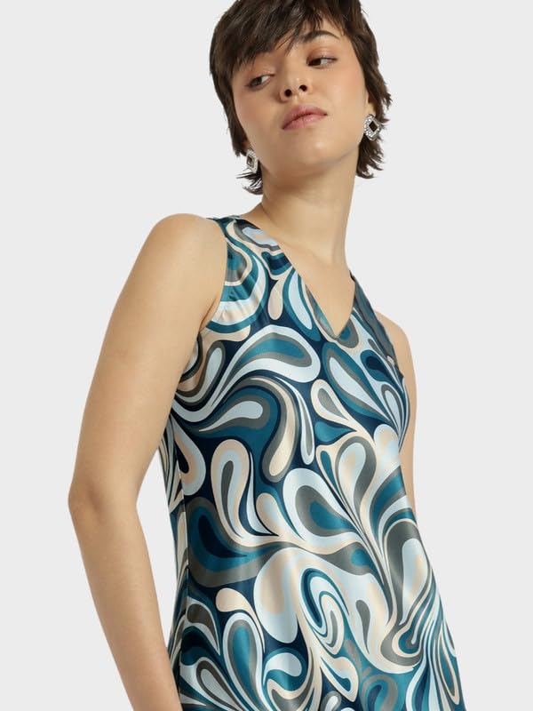 Image of FableStreet Women Party Dress | Elegant A-Line Fit Midi Length V-Neck Sleeveless | Lustrous Satin Fabric for Evening Gatherings & Celebrations