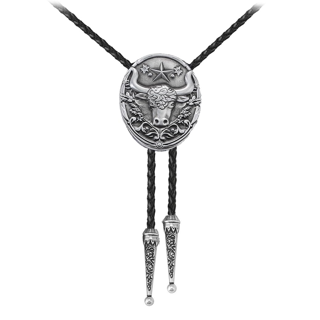 Joxevyia Bolo Tie for Men Vintage Cow Skull Leather Rope Western Cowboy Necktie Vintage Bola Tie Gift for Him