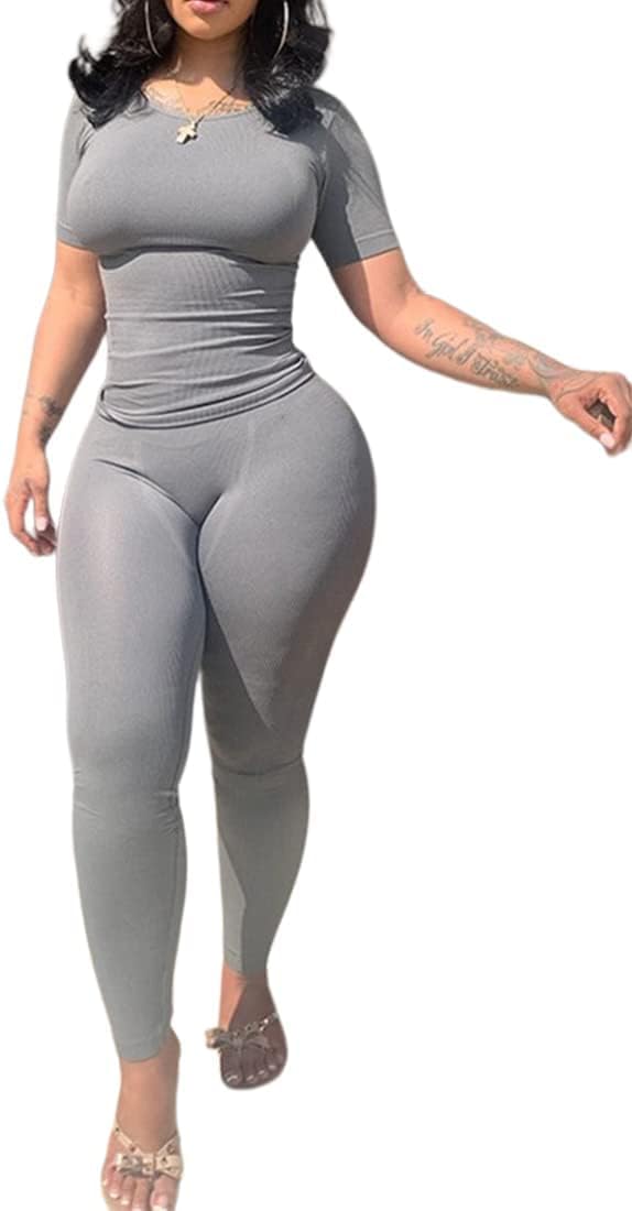 Casual Workout 2 Piece bodycon casual outfit Women Ribbed Set Short Sleeve Elastic Leggings LoungeWear activewear