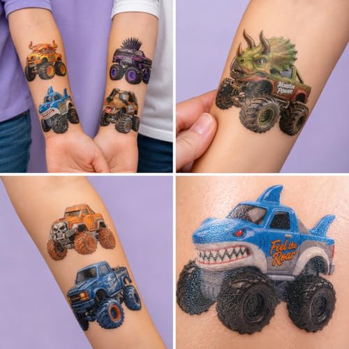 Image of Monster Truck Temporary Tattoos for Kids - 96 Pcs Pre-Cut 3D Cute | Art Style Tattoos, 8 Sheets Dinosaur & Shark Truck Stickers for Boys Birthday Party Favors, Goodie Bag Stuffers, Rewards