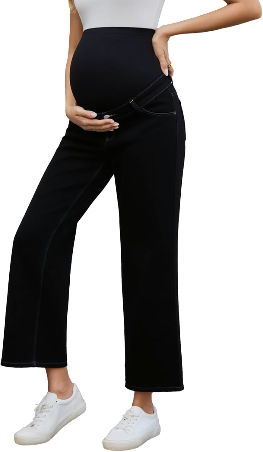 Ecavus Women's Maternity Jeans Over Belly Wide Leg Comfy Stretch Denim Pants with Pockets, XS-XXL