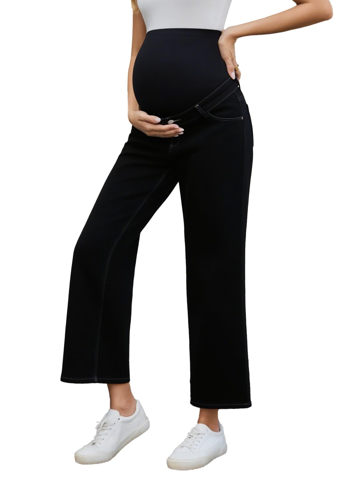 Ecavus Womens Maternity Jeans Over Belly Wide Leg Comfy Stretch Denim Pants with Pockets XS-XXL