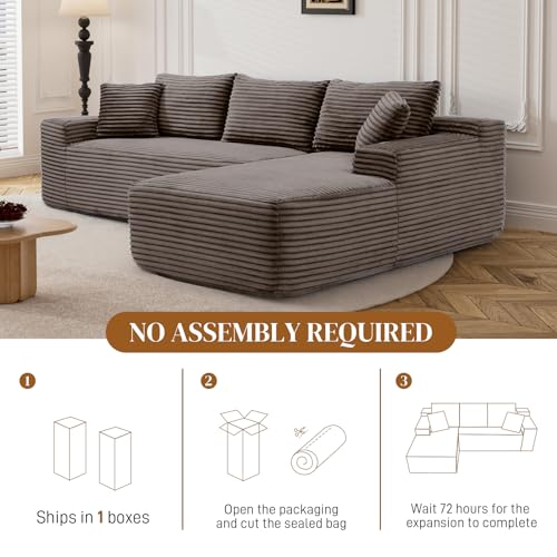 Image of 95 inch L Shaped Boneless Sectional Couches, Wide Armrest, Deep Seat, Memory Foam, Assembly Free, Modern Comfy Corduroy Fluffy Cloud Sofa with Right Chaise for Living Room, Small Spaces, Brown