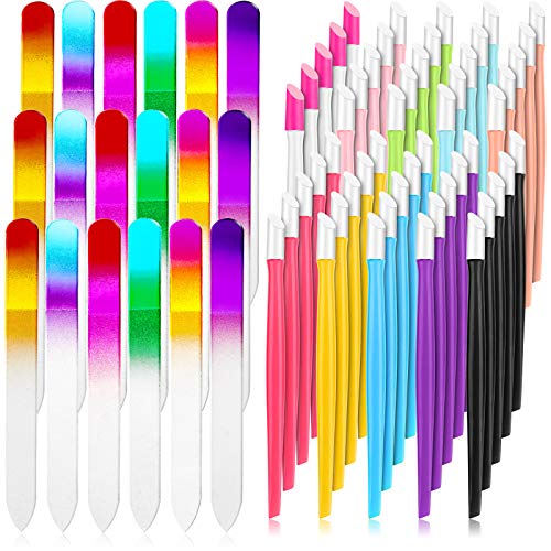 68 Pieces Nail Cuticle Pusher Rubber Tipped Nail Cleaner and Glass Nail Files Gradient Rainbow Color Buffer Double Side Nail Files Manicure Tool for Home Nail Salon (9 x 1 x 0.3 cm)