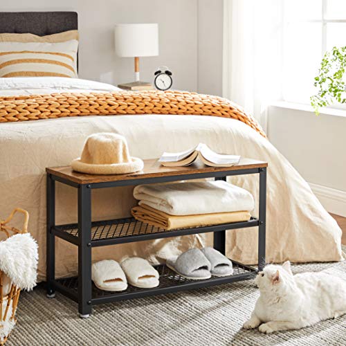 VASAGLE Shoe Bench, 3-Tier Shoe Rack, 28.7 Inches Long Storage Shelves, for Entryway, Living Room, Hallway, Accent Furniture, Steel Frame, Industrial Design, Rustic Brown and Black ULBS73X