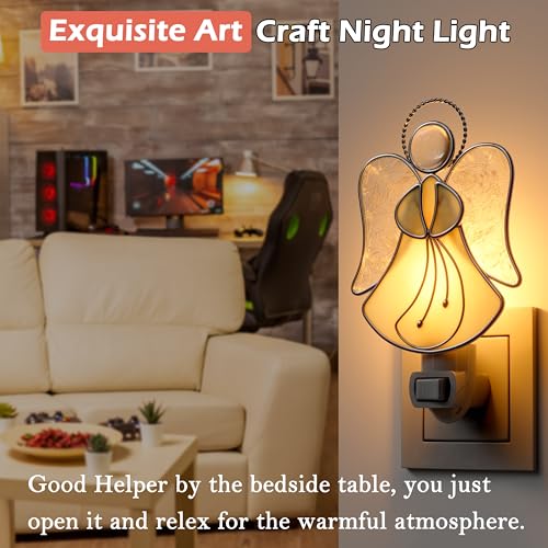 Image of Stained Glass Yellow Guardian Angel Night Lights Plug into Wall | Plug in Night Lights Into Wall Socket Decorative Nightlight for Bedroom Hallway,Mothers Day Gifts for Mom Birthday Christmas