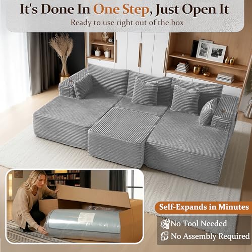 Image of 108 inch Cloud Sectional Couch, Comfort Sleep Sofa for Living Room, Extra Deep Seats No Assembly, Minimalist Modular Couch, Corduroy (Light Grey, Widen Loveseat Chaise)