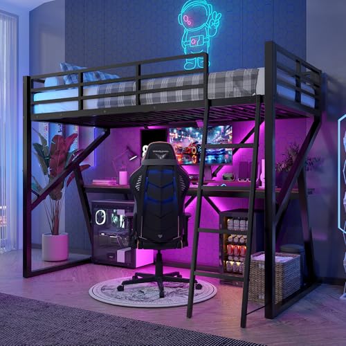 Cama alta de metal 90 x 200 cm, con luces LED, para niños, adolescentes y adultos, litera de metal con escritorio y escalera anticaídas, sin colchón (negro)