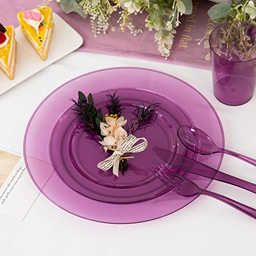 Wdf 25 Guest Purple Plastic Plates With Purple Plastic Silverware & Purple Plastic Cups -Neon Clear Purple Plates Include 25 Dinner Plates,25Salad Plates,25Forks, 25Knives,25 Spoons,25Cups #TOP5