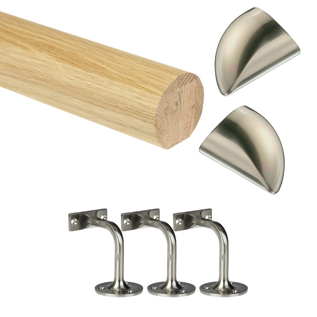 Jackson Woodturners Oak & Nickel Oak Mopstick Handrail Kit With Brushed Nickel Wall Brackets & Fusion End Caps – Solid Oak Stair Handrail – 1800Mm / 2400Mm / 3600Mm / 4200Mm – (1800Mm + 3 Wall Brackets)