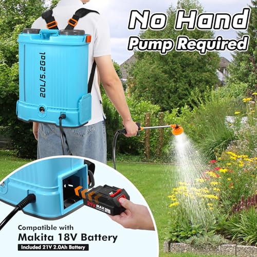 21V Battery Powered Backpack Sprayer with 6 Mist Nozzles, 20L Electric Garden Sprayer and Weed Spraying Tool with Adjustable Shoulder Strap, USB Rechargeable Garden Weed and Water Applicator - Image 3