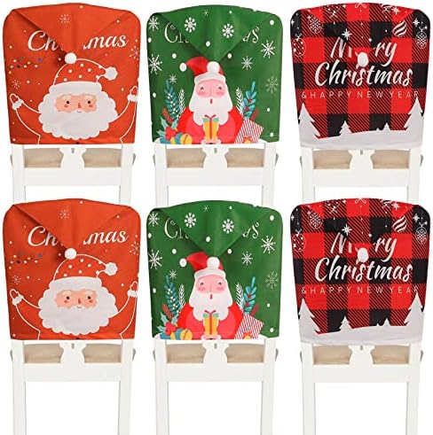 Konelia 6PCS Christmas Chair Cover Set Flannel Christmas Dining Chairs Back Cover Santa Elk Chair Slipcover Suit for Kitchen Dining Room Hotel Xmas Holiday Party Decor