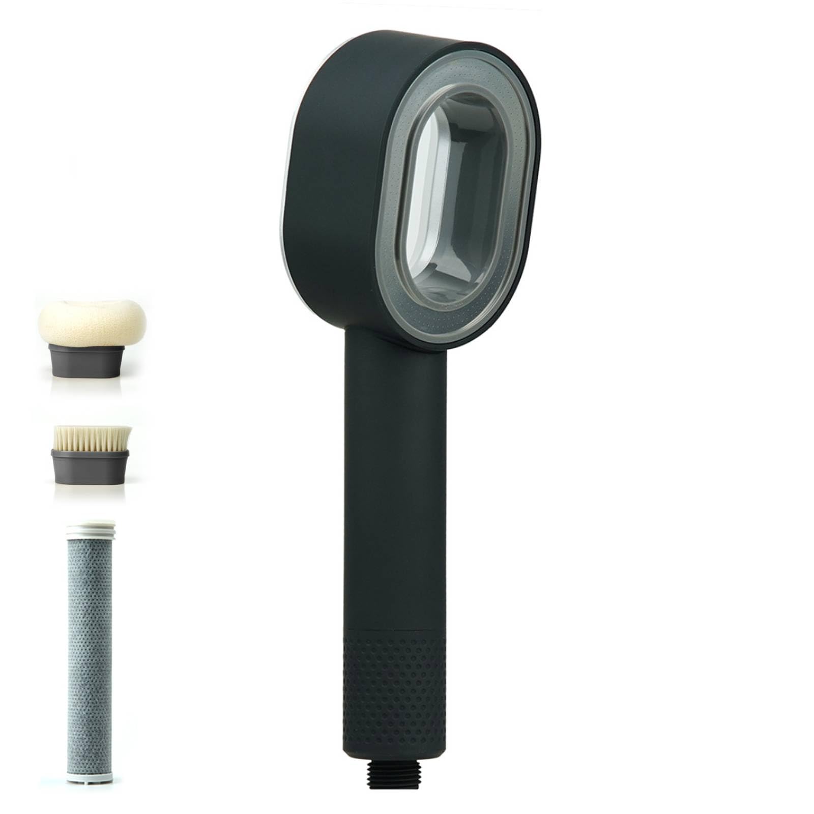Alcachofa de ducha con filtro, ducha de mano 3 en 1 con cepillos de limpieza/esponja, masaje de alta presión, ahorro de agua, juego de cabezal de ducha para agua dura (negro)