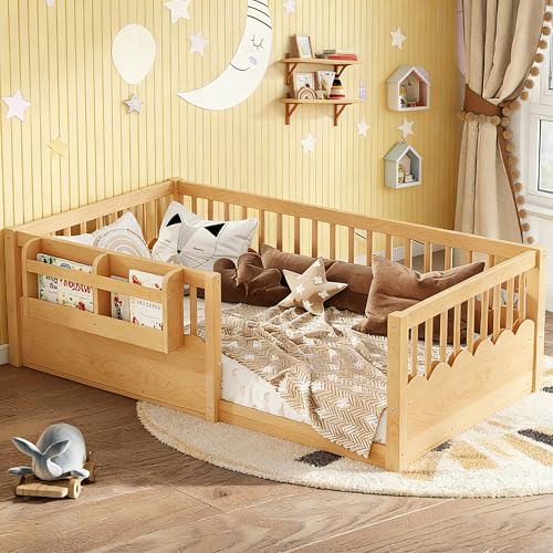 Image of Bellemave Twin Size Kids Montessori Floor Bed,Solid Wood Floor Bed Frame with Bookshelf and High Fence for Kids,Girls,Boys,Natural