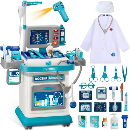 Doctor Kit for Toddlers 3-5 Pretend Doctors Play Set with Cart Costume and Stethoscope for Kids Aged 3 4 5 Role Play Medical Toys for Girls Boys Christmas Birthday Educational Gift for Toddler