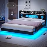 busyaeh California King Bed Frames, Floating Bed with Storage Headboard & LED Lights, Cal King Bed Frame with Headboard, Platform Bed No Box Spring Needed, Noise-Free, Easy Assembly, PU Black