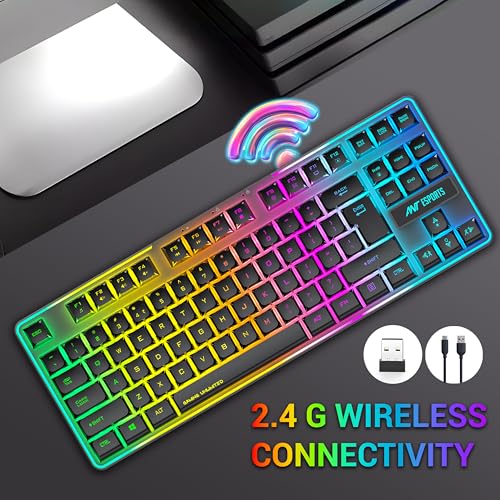 Image of Ant Esports MK720 Pro V2 Wireless TKL RGB Gaming Membrane Keyboard, Backlit Wireless - Long Lasting Rechargeable Battery - Quite Water-Resistant Ergonomics Keyboard - PC PS5 PS4 Xbox One Mac - Black