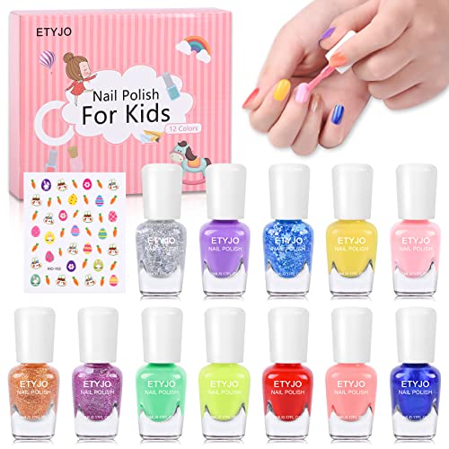 ETYJO Nail Polish Set for Girls-12 Rainbow Colors Peel-Off Kids Nail Polish Washable Quick Dry Girls Nail Polish Kit for Kids Teen Little GirlsToddler Ages 3-12