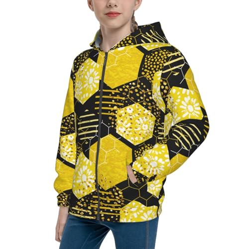 Geometric Pattern with Bee Kid Hoodies Boys Zip Up Sweatshirts Girls Pullover with Pocket