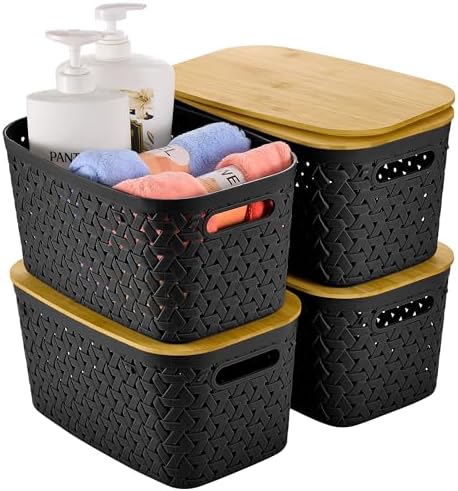 Modern Black Plastic Storage Bins with Bamboo Lids Set of 4 - Stackable, Rectangular, 11.9