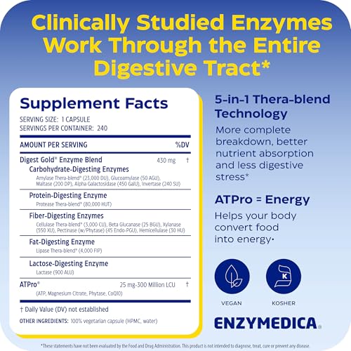 Image of Enzymedica Digest Gold - Digestive Enzyme Supplement for Women & Men, Enzyme Capsules for Digestion, Gut Health Support, Helps Gas & Bloating, ATPro Energy Support, Maximum Strength, Vegan - 240 Caps