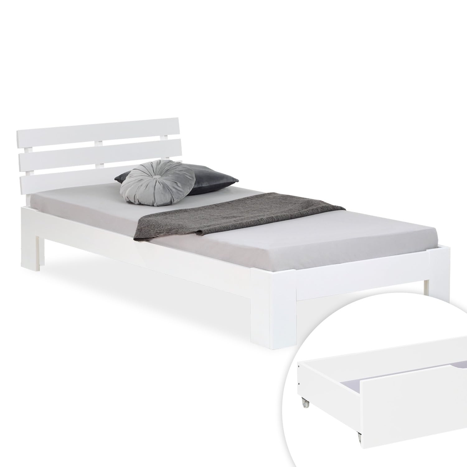 Homestyle4u Holzbett 90x200 Weiß mit Lattenrost, Jugendbett Bettgestell mit Schubladen Stauraumbett, Massivholz Kiefer Einzelbett, 2291