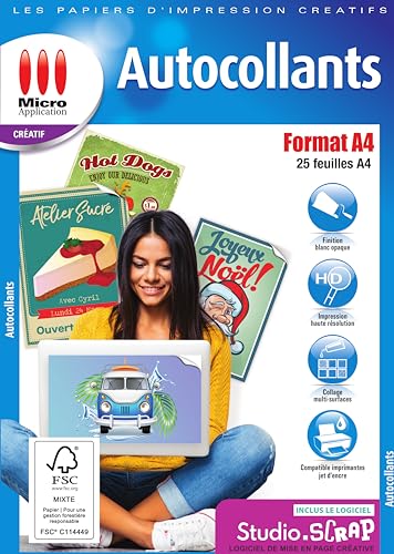 Micro Application - Papier Autocollant Imprimante A4-25 Feuilles Papier Adhésif Blanc Mate, Format A4, Imprimables, Personnalisable, Adhérent, Facilement Détachable,...