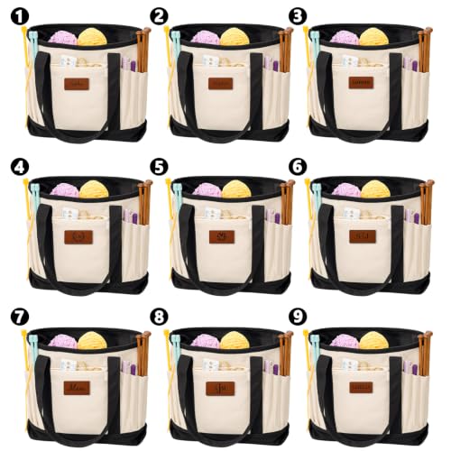 Image of Personalized Crochet Bag with Custom Leather Patch or Embroidered Name, Canvas Knitting Tote for Yarn Storage, Crochet Organizer with Multiple Pockets, Custom Gift for Crocheters & Knitters