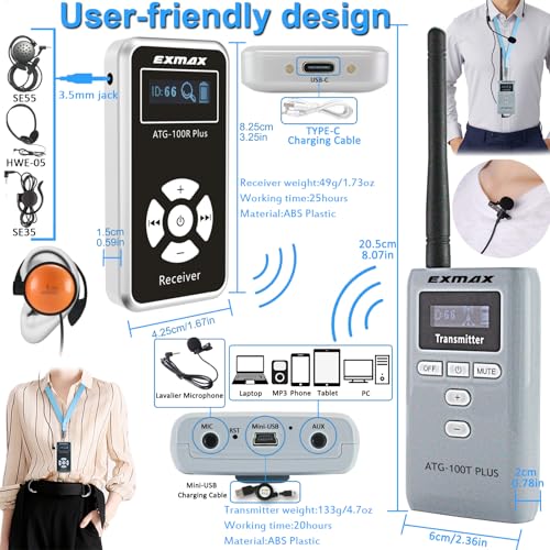 Sistema Inalámbrico de Transmisión de Audio para Guías Turísticos EXMAX ATG-100T PLUS 195 MHz (2 Transmisores y 25 Receptores, Estuche de Carga USB-C de 32 Ranuras) miniatura 5