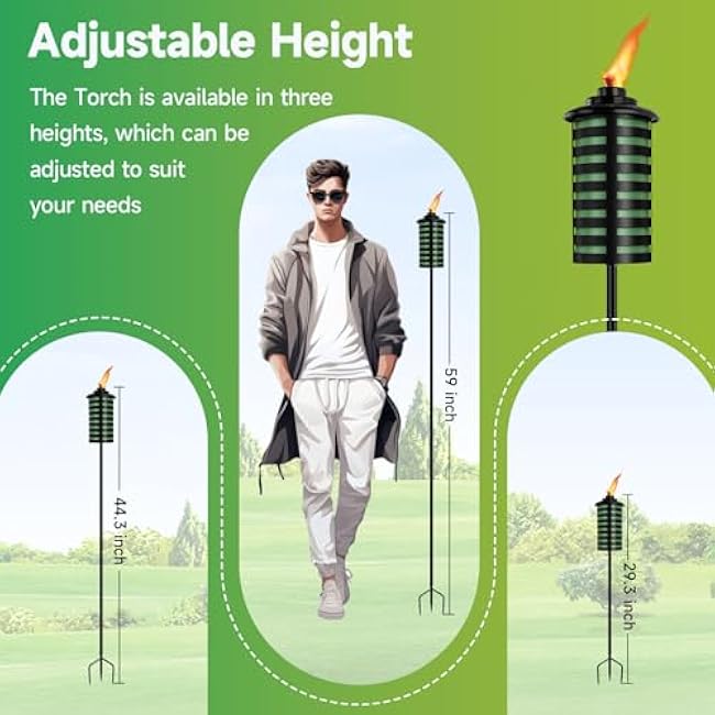 6 Pack Home Garden Torch , 16 Oz Outdoor Green Metal Torch Garden D¨¦cor ,59-Inch Upgraded Citronella Torches with 3-Prong Grounded Stake , Metal Light Torches for Party Patio Pathway
