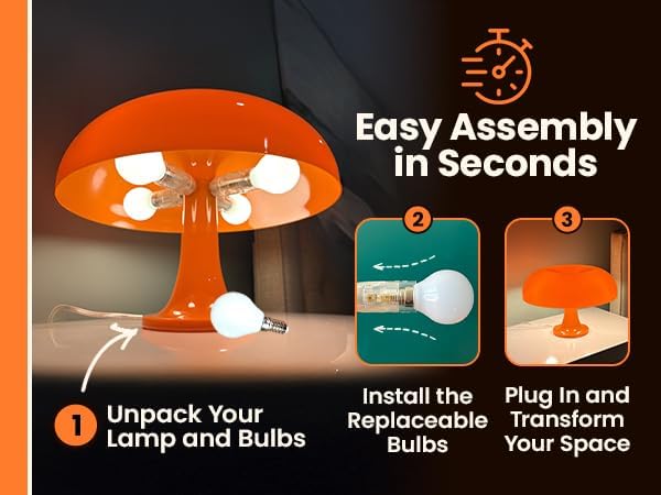 Miniatura 4 de Lámpara de hongo naranja con 4 bombillas reemplazables, luz de hongo moderna retro de mediados de siglo para dormitorio, mesita de noche o escritorio