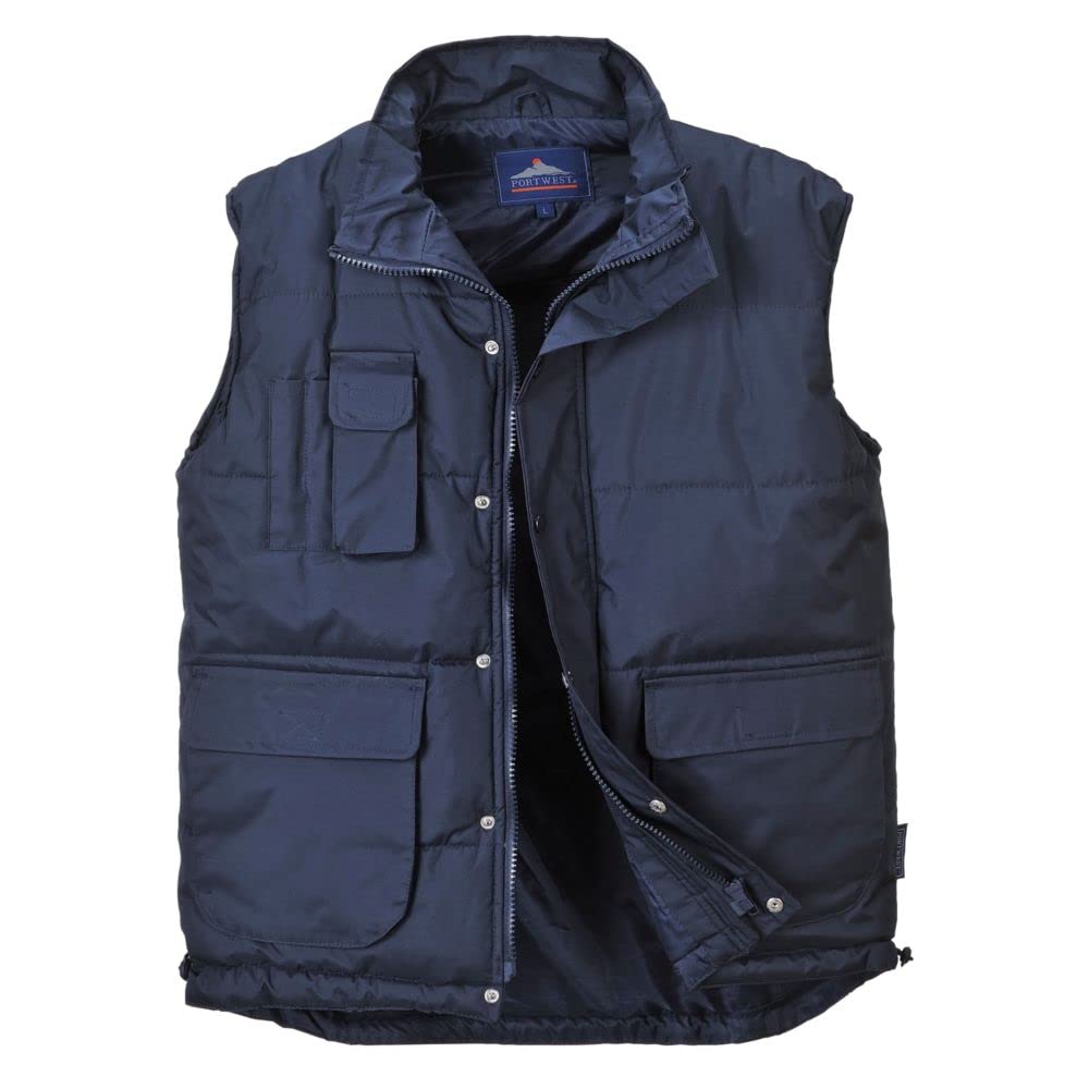 Portwest S415 Gilet Classico Resistente all'acqua Sei tasche Senza Maniche | Blu navy, 4XL, Apertura Frontale con Zip, Rivestimento in PVC, Tasca Portapenne, Maltempo, Coulisse Orlo Regolabile, Leggero