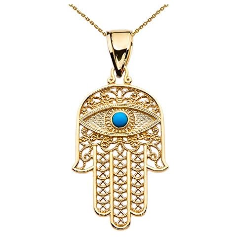 Middle Eastern Jewelry 10k Yellow Gold Hamsa Hand With Blue Evil Eye Pendant Necklace 16" Cover
