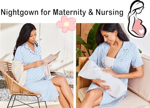 Image of Ekouaer Nightgowns for Women Button Down Sleepshirt Short Sleeve Nightshirt Boyfriend Pajamas V Neck Nightdress S-XXXL