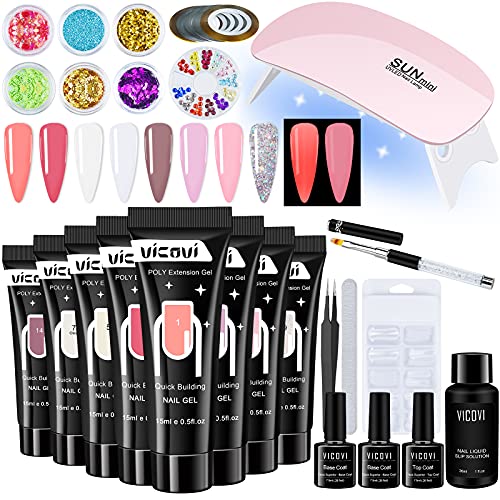 LIZCOM poly gel nail kit 15ml 8 Colors with 6W UV LED Nail Lamp Top Coat Base Coat Nail Liquid Slip Solution Gel Manicure Kit Nail Art DIY Home Christmas Birthday Gifts for Girl Women