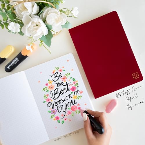 Image of NEORAH - A5 Checked Notebook (Square Ruling) SOFT COVER | Organiser REFILL | 110 GSM | 160 pages (Size 21 cm x 14.8 cm) Planner Journaling Writing Note Taking Diary, Travellers Journal- Red