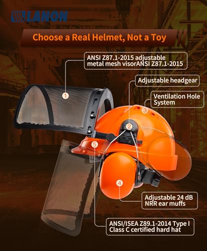 Image of LANON Forestry Safety Helmet with Ear Muffs and Face Shield, Orange