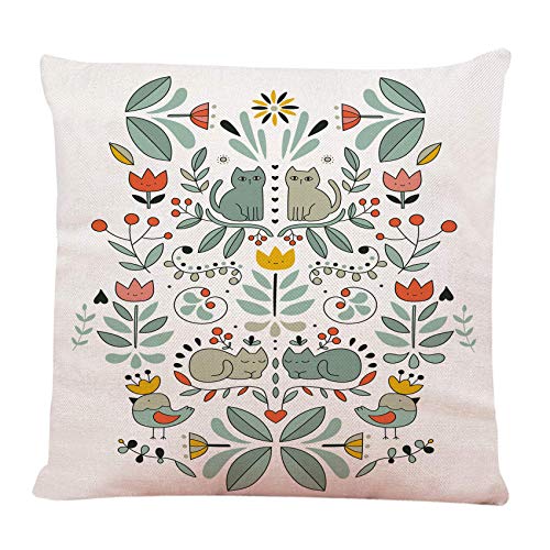 Ofocam クッションカバー 面白いスウェーデン民族の猫 鳥と花 エスニック 正方形 装飾スローピロークッションケース 自宅 カウチ リビングルーム ベッド ソファ 車 18 x 18インチ 枕カバー