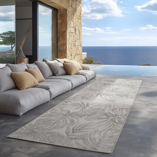 Carpettex Outdoor Teppich wetterfest Grau 80x250 cm Läufer, UV-beständig, ideal für Küche, Balkon, Terrasse auch Wohnzimmer und Esszimmer, Palmblätter-Design