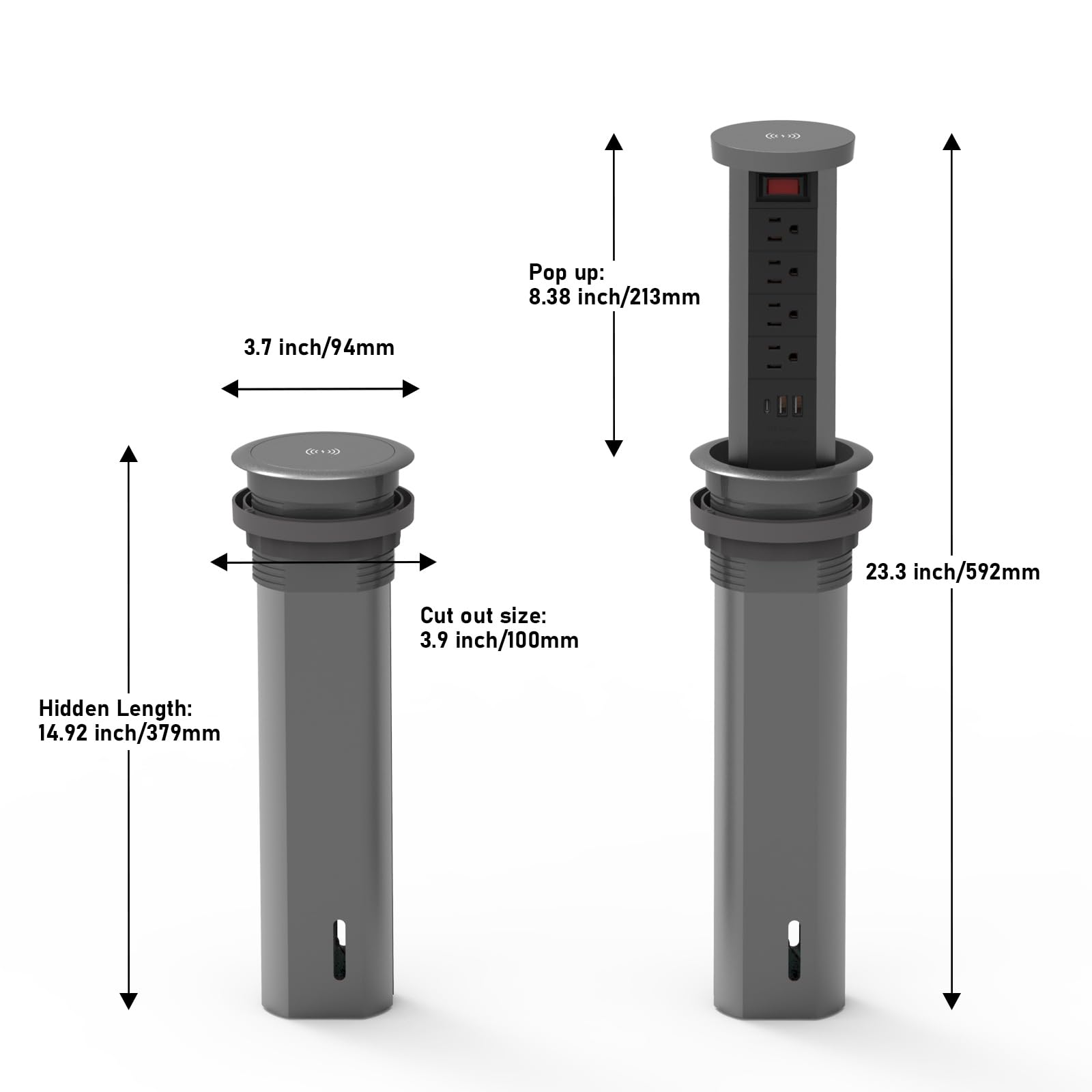 Powerhub 12.1 cm wyskakujące gniazdko na blat z przelotkami komputerowymi PD20 W, USB C, 4 gniazdka, 3 porty USB, bezprzewodowa ładowarka 15 A, szybkie ładowanie, oszczędność miejsca dla