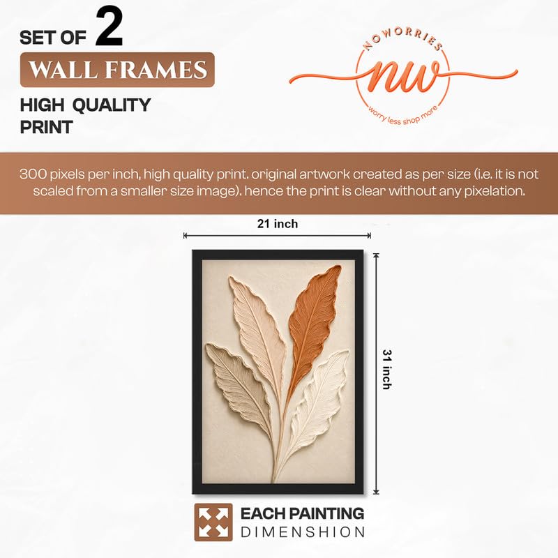 Image of NoWorries Textured Leaf Wall Painting Set of 2 with Frame | Terracotta Beige Abstract Line & Botanical Leaf Artwork, Modern Neutral Nature Wall Decor for Living Room, Bedroom, Office and Home Decoration (Art-12, 21x31inch)