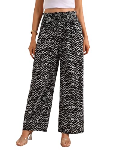 Women's Floral Print Wide Leg Flowy Pants Shirred High Elastic Waist Boho Trousers
