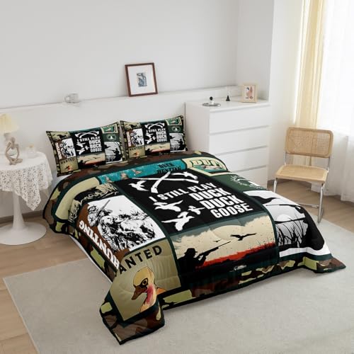 Image of Feelyou Kids Duck Hunting Comforter Set Full Size, Green Duck Bedding Set Hunting Fishing Comforter for Kids Boys Girls Wildlife Duvet Insert Room Decor with 2 Pillow Case