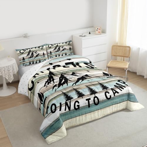 Image of Camper Comforter Twin Size Happy Camping Bedding for Boys Kids Girls Rustic Farmhouse Style Comforter Set, Camper Accessories for Travel Trailers, Camper Must Haves,Teal Blue Vintage Wooden Quilt Set