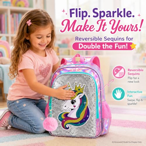 Image of CCJPX 3Pcs Unicorn Backpack for Girls, 16 inch Kids Sequin Bookbag with Lunch Box, Water Resistant Elementary School Bag for Kindergarten Preschool Toddler (Rainbow)