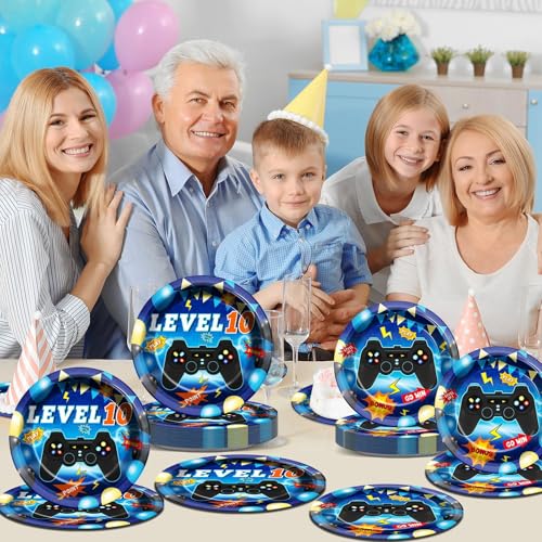 Image of 96Pcs Level 10 Plates and Napkins Sets Level Up 10 Unlocked Birthday Decorations 10th Birthday Plates for Boys Video Game Supplies 10th Blue Gaming Pattern Design Party Favors for 24 Guests
