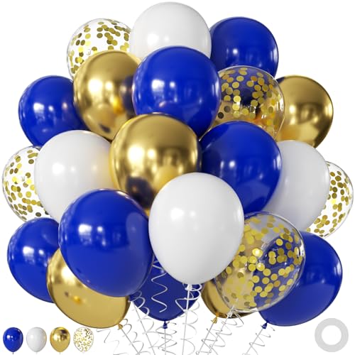 Royal Blue Gold White Balloons 60Pcs 12Inch Navy Blue and Gold Balloons with Metallic Gold Confetti Balloon for Wedding Graduation Baby Shower Birthday Decorations