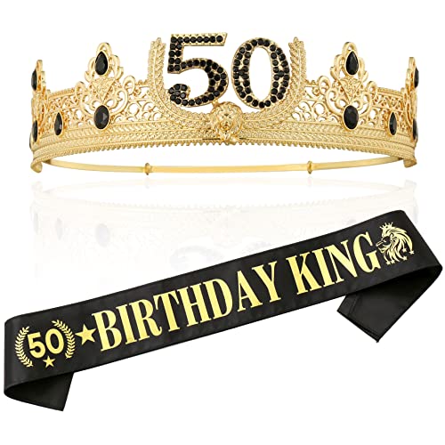 TITIKADI Gold Crown and Sash for 50TH Birthday King, Metal Birthday Party Decoration for Men